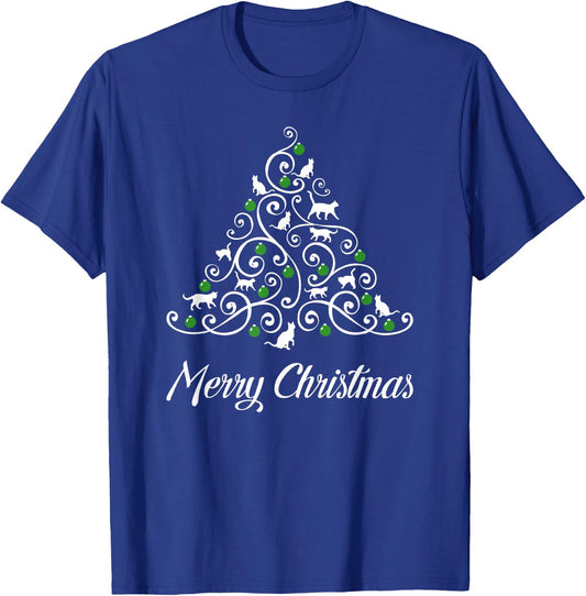 Merry Catmas Christmas Cat Tree Cats Funny Meowy Cats Lovers T-Shirt - T-Shirt | Royal