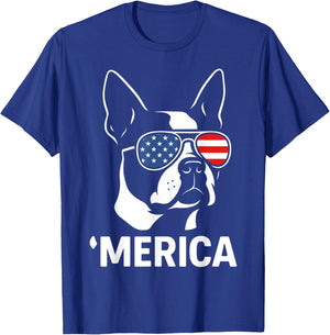 Boston Terrier Merica Patriotic Dog 4th of July USA Flag T-Shirt - T-Shirt | Royal