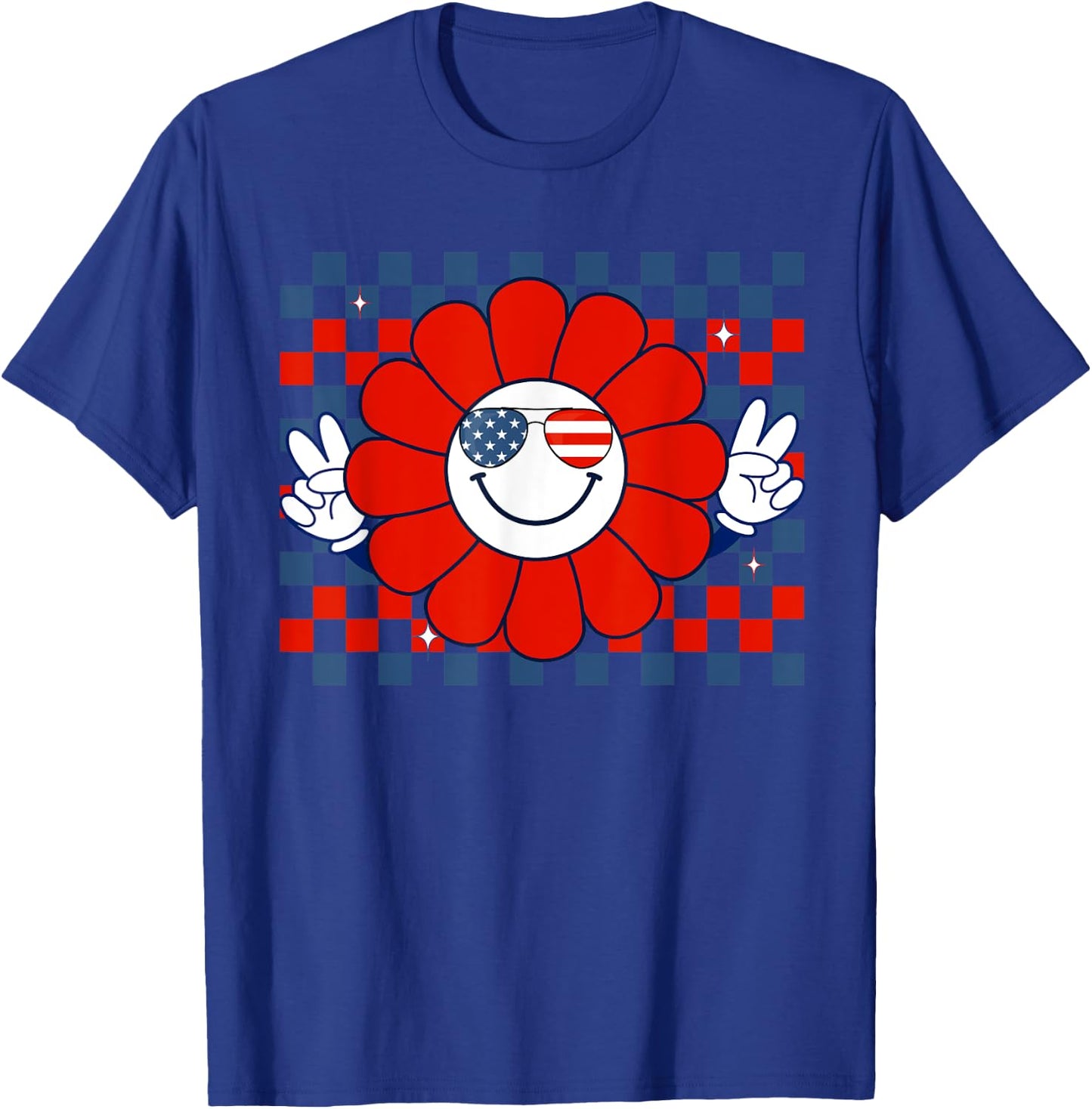 Retro Groovy Fourth 4th of July Smile Checkered Sunglasses T-Shirt - T-Shirt | Royal