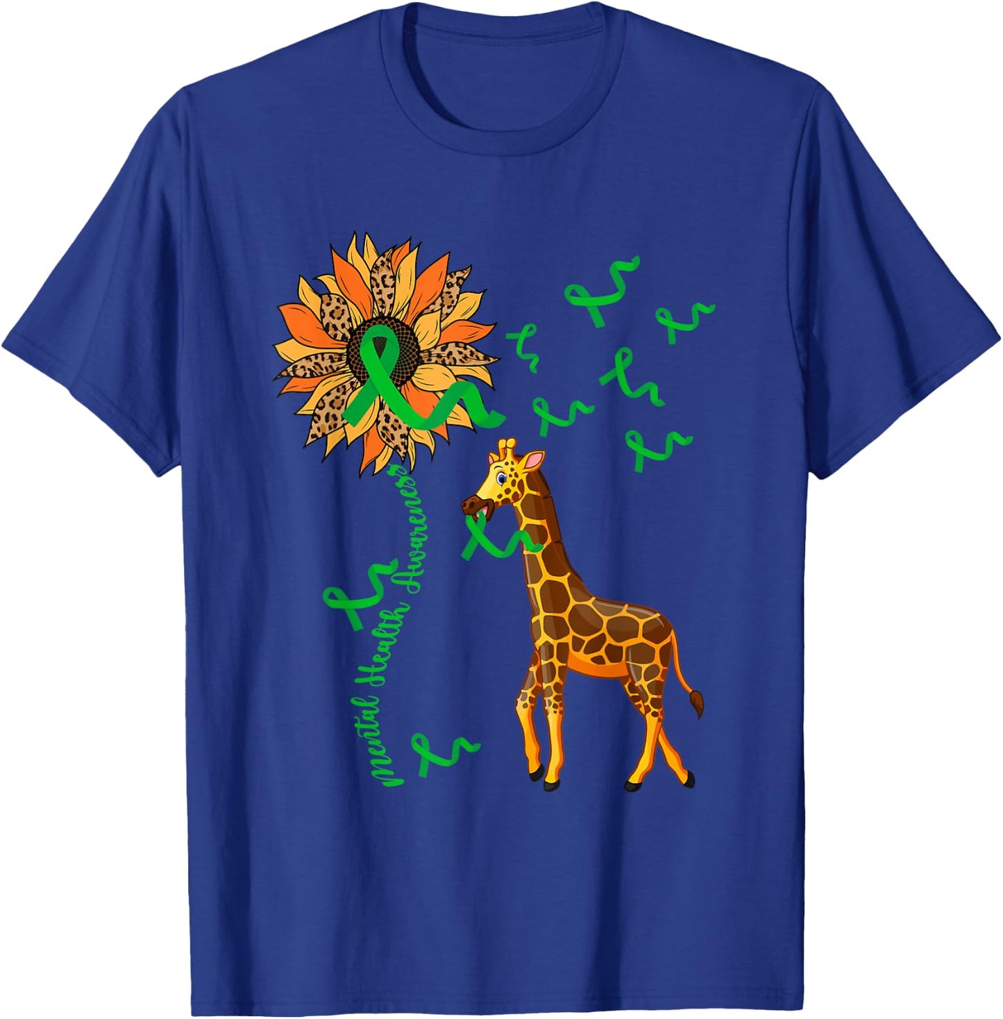 Mental Health Awareness Giraffe Holding Green Ribbons Lover T-Shirt - T-Shirt | Royal