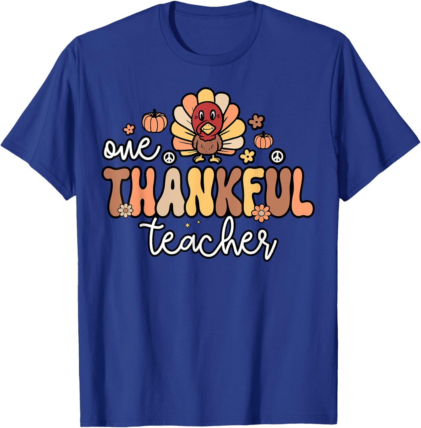 One Thankful Teacher Retro Groovy Turkey Thanksgiving School Women T-Shirt - T-Shirt | Royal