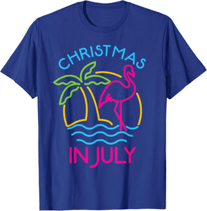 Christmas In July Pink Flamingo Santa Hat Summer Vacation Women Kids T-Shirt - T-Shirt | Royal
