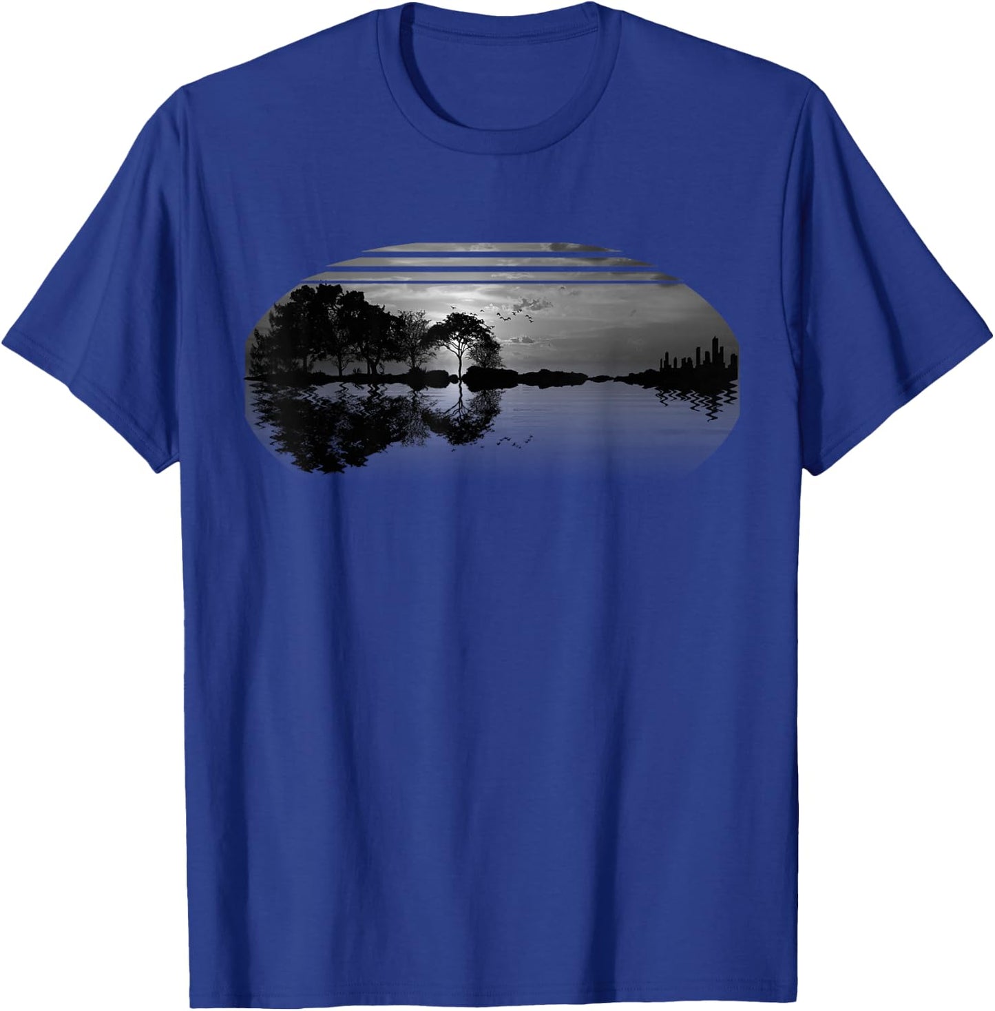 Guitar Gray Sky Trees City Lake Reflection Special Design T-Shirt - T-Shirt | Royal