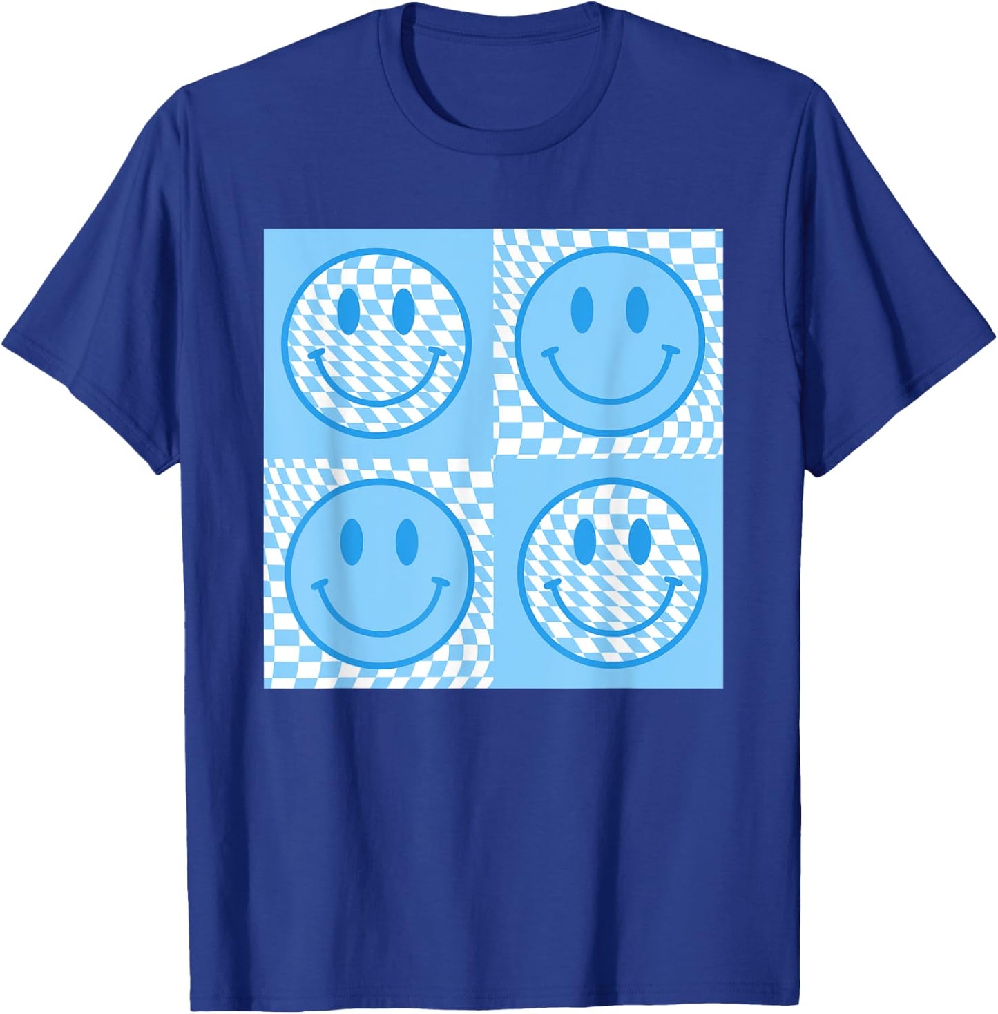 Checkered Pattern Smile Face Meme Blue Happy Face Colorful T-Shirt - T-Shirt | Royal