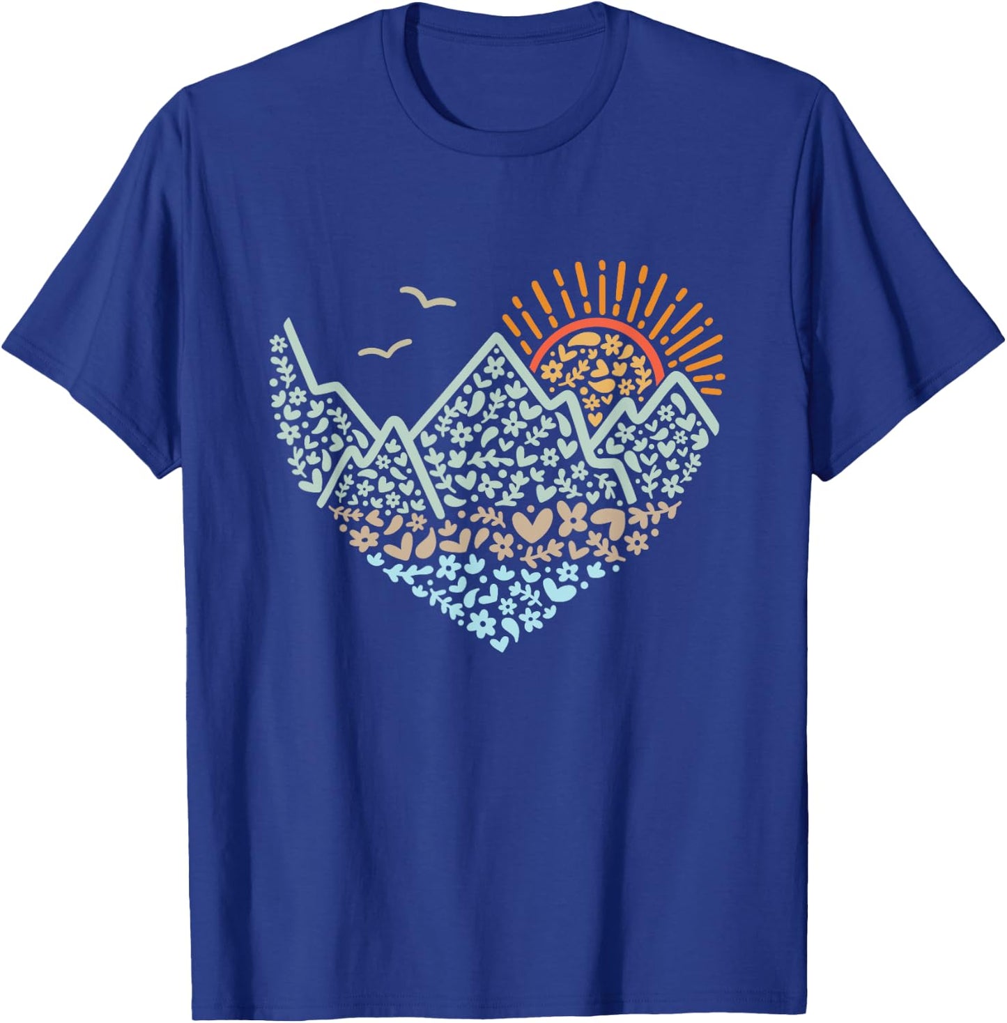 Mountain Heart Floral Sunshine hiking scene design T-Shirt - T-Shirt | Royal