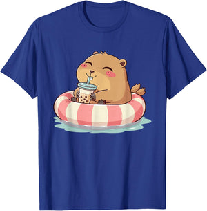 Capybara On Pool Float Drinking Boba Tea Women Girls Kids T-Shirt - T-Shirt | Royal