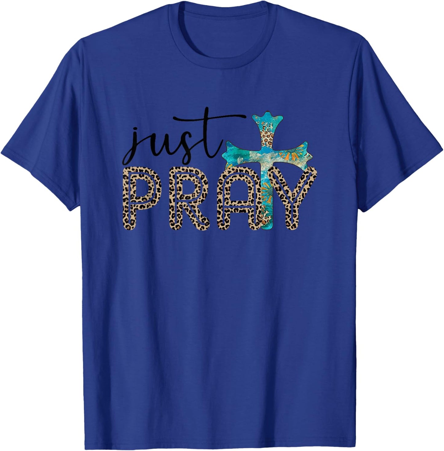 Just Pray Leopard Print Spiritual Faith Cross T-Shirt - T-Shirt | Royal