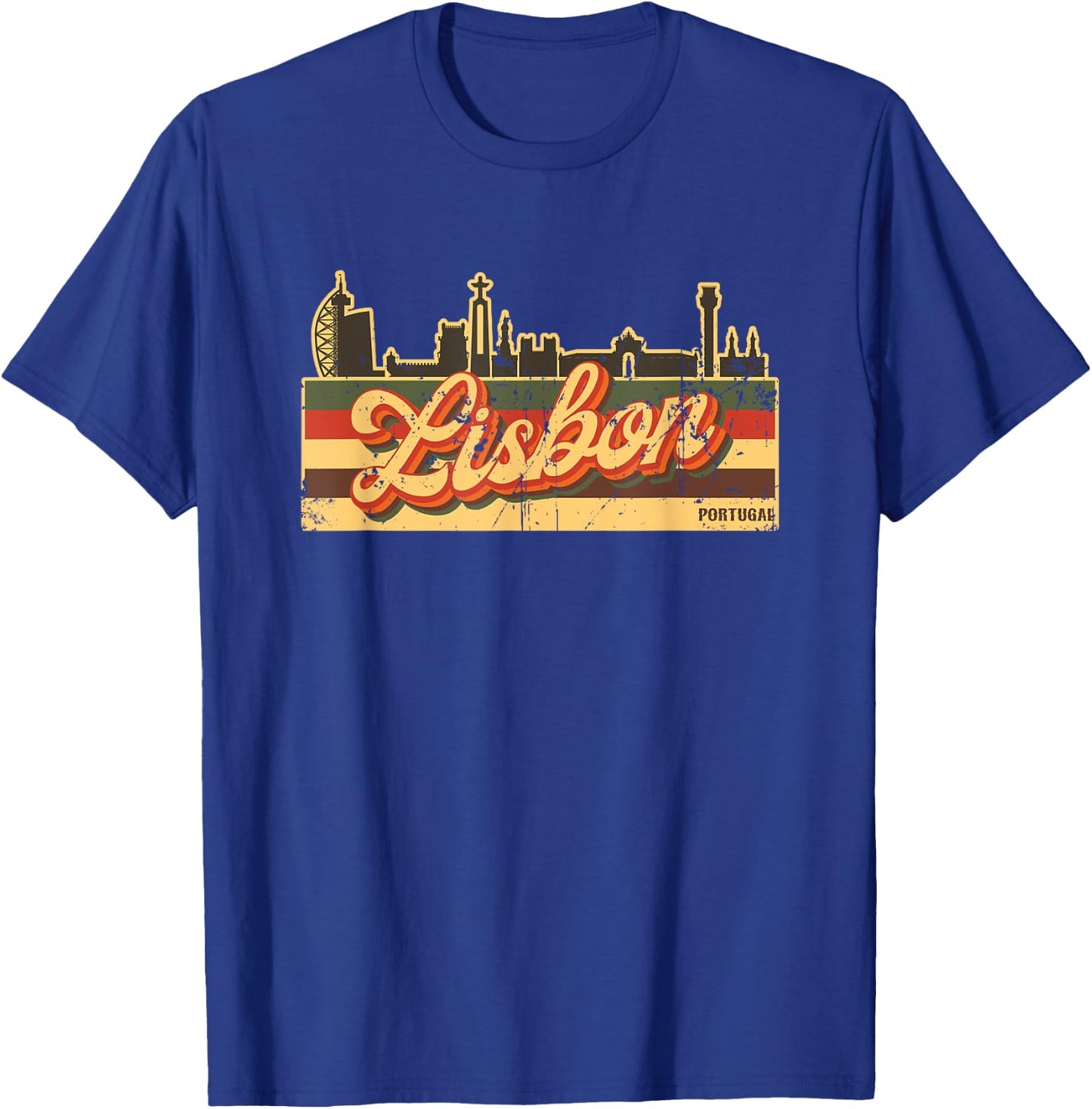Lisbon Skyline & Portugal Retro Stripes - Portuguese Pride T-Shirt - T-Shirt | Royal