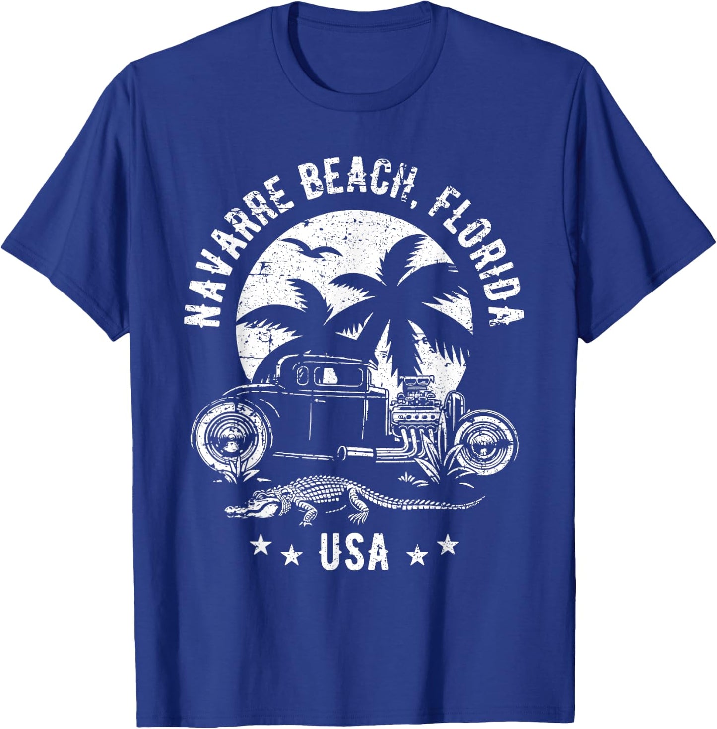 Navarre Beach Florida Sunset Hotrod Distressed Design T-Shirt - T-Shirt | Royal