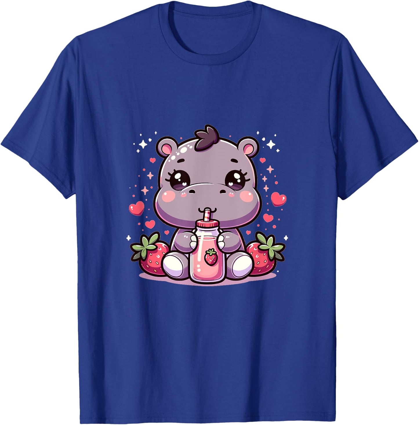 Cute Japanese Kawaii Style Hippo Drinking Strawberry Milk T-Shirt - T-Shirt | Royal