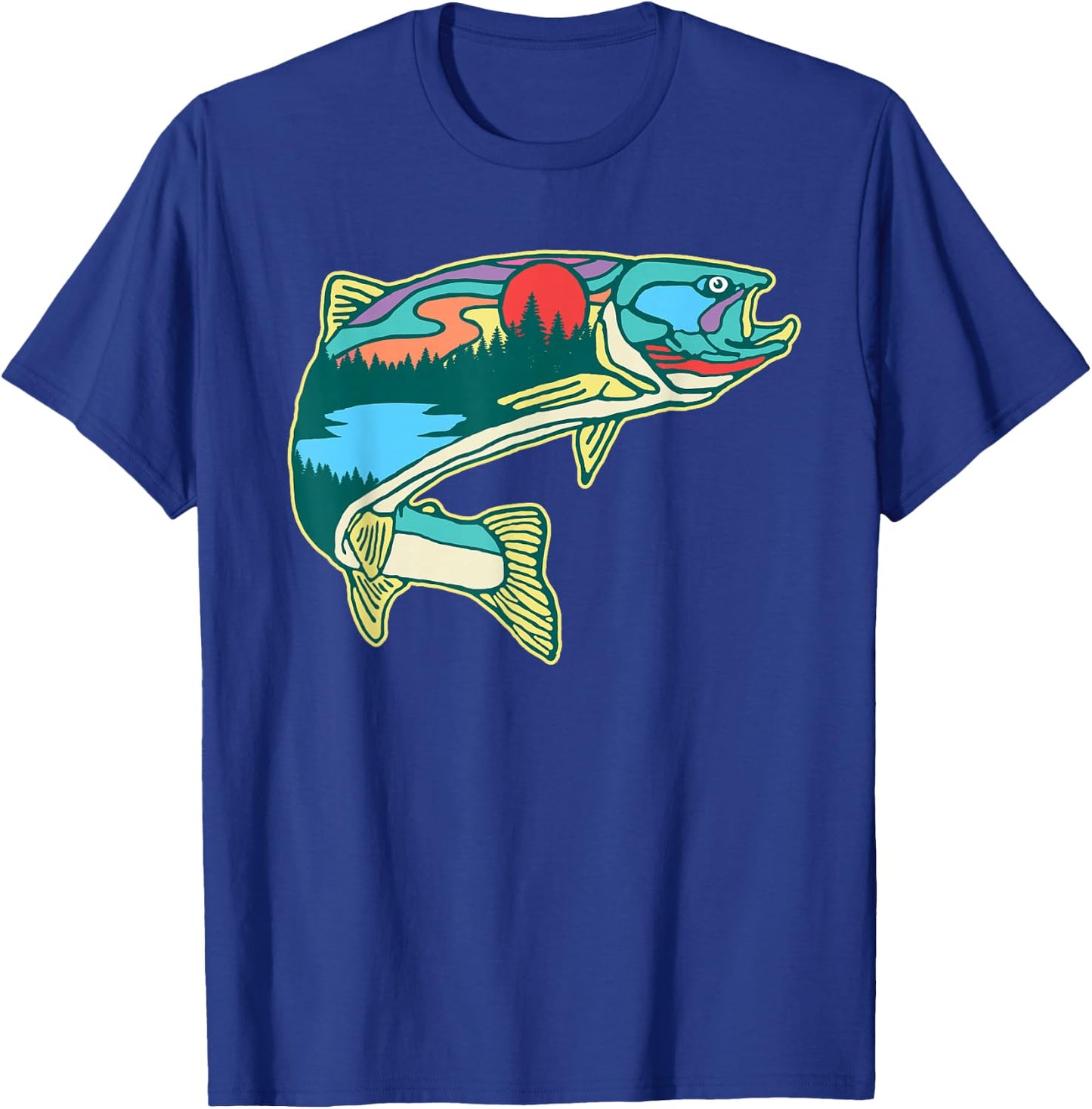 Nature Trout Illustration Vintage Fly Fishing Retro Graphic T-Shirt - T-Shirt | Royal
