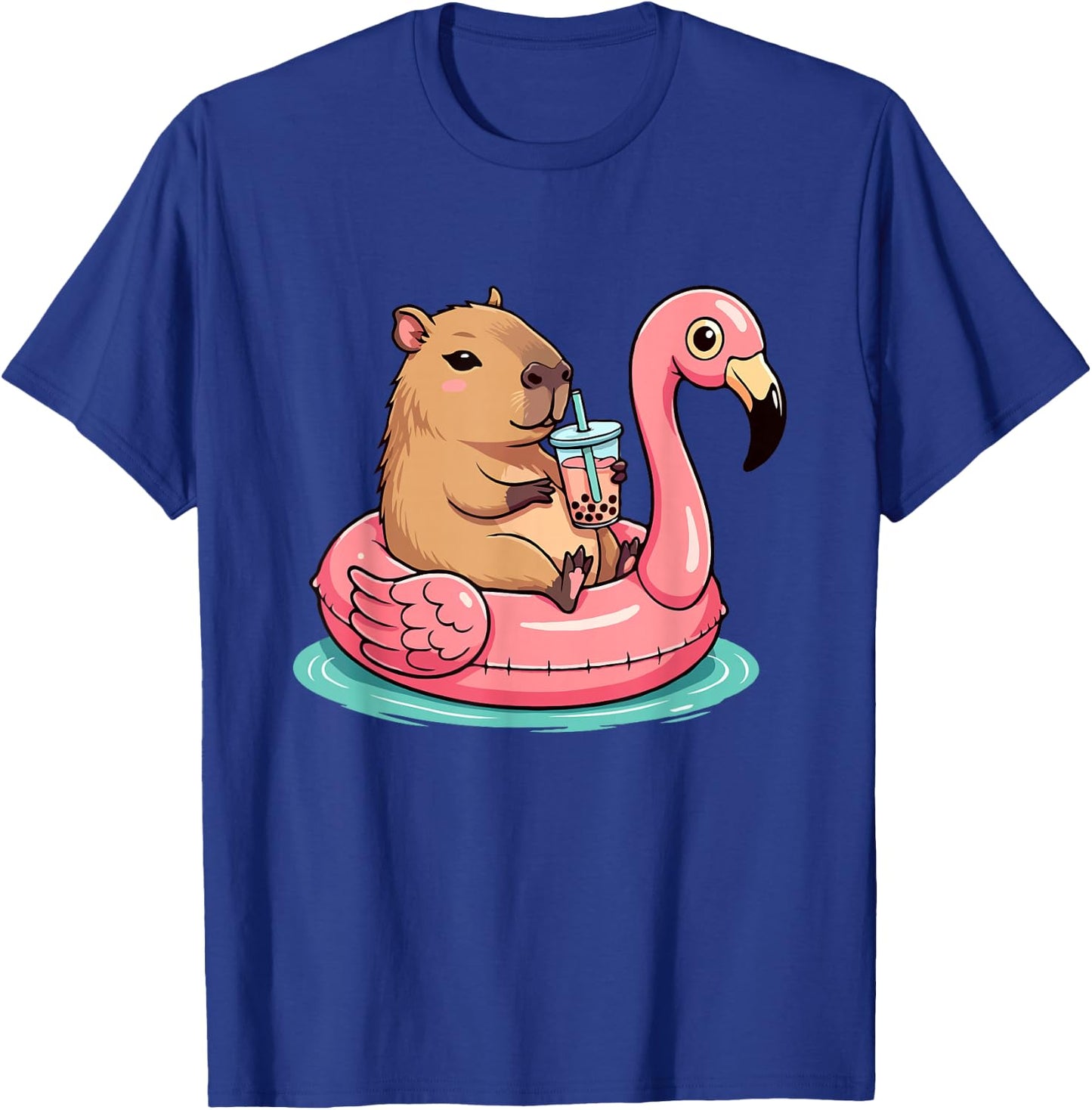 Cute Capybara On Flamingo Pool Float Drinking Bubble Tea T-Shirt - T-Shirt | Royal