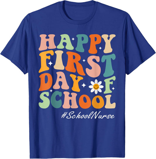 Happy First Day of School Nurse groovy retro back to school T-Shirt - T-Shirt | Royal