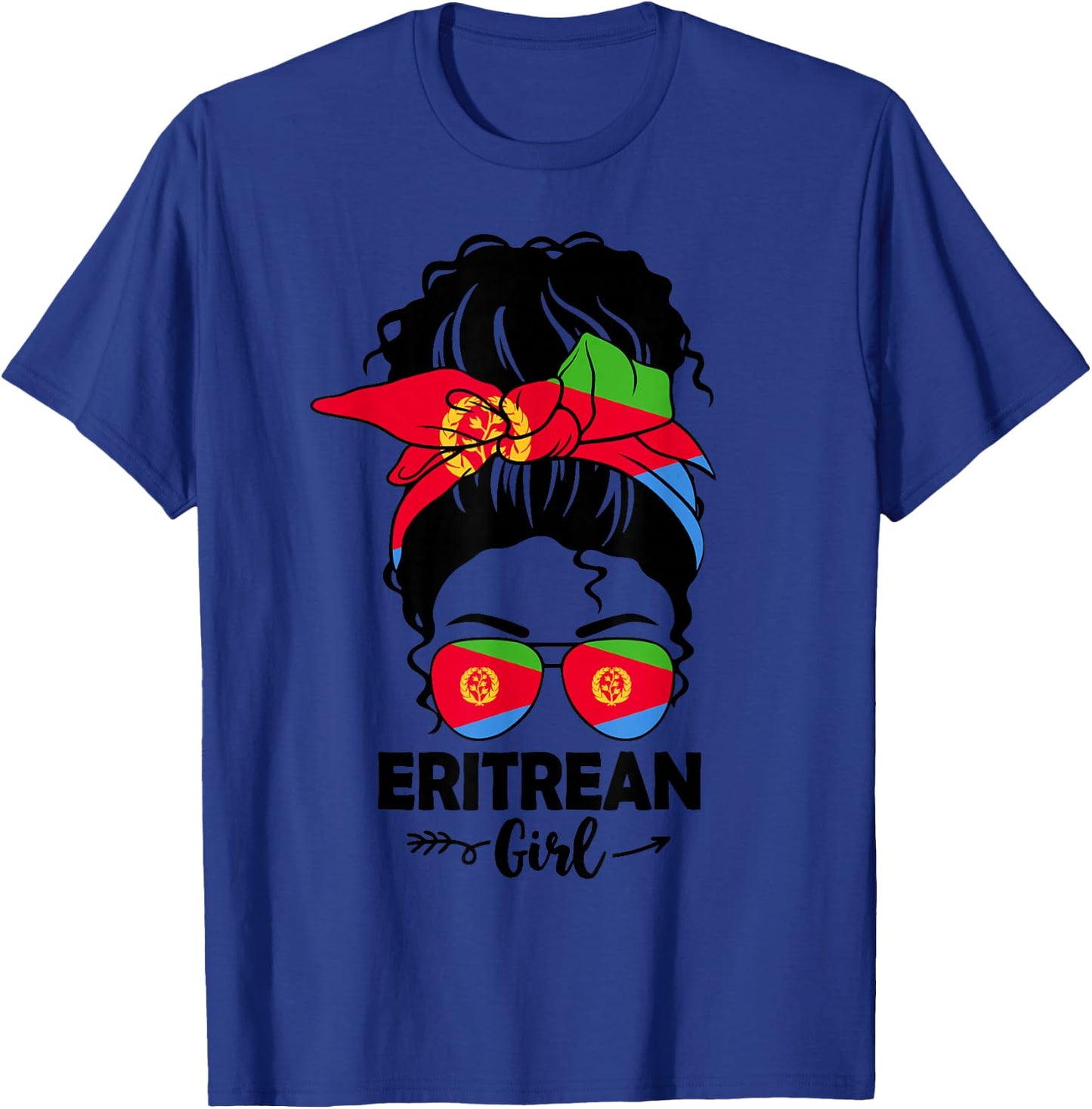 Messy Bun Eritrean Girl & Eritrea Flag Glasses Bandana BHM T-Shirt - T-Shirt | Royal