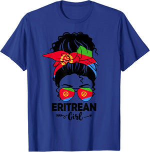 Messy Bun Eritrean Girl & Eritrea Flag Glasses Bandana BHM T-Shirt - T-Shirt | Royal
