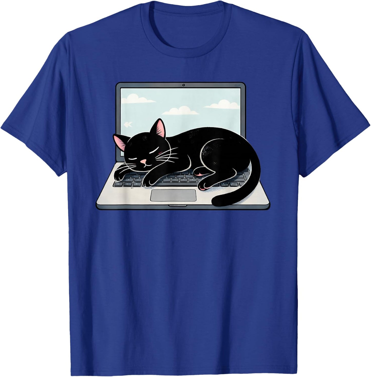 Funny Black Cat Sleeping On Laptop Computer T-Shirt - T-Shirt | Royal
