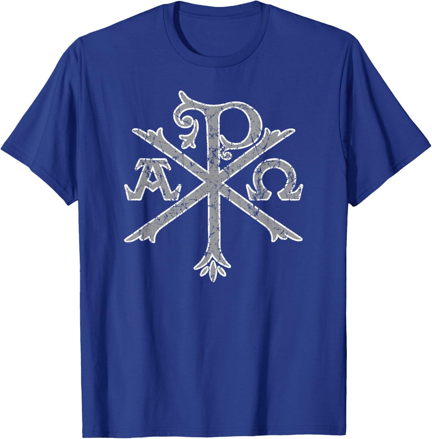 Chi Rho Christogram Alpha and Omega Distressed T-Shirt - T-Shirt | Royal