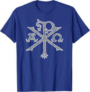Chi Rho Christogram Alpha and Omega Distressed T-Shirt - T-Shirt | Royal