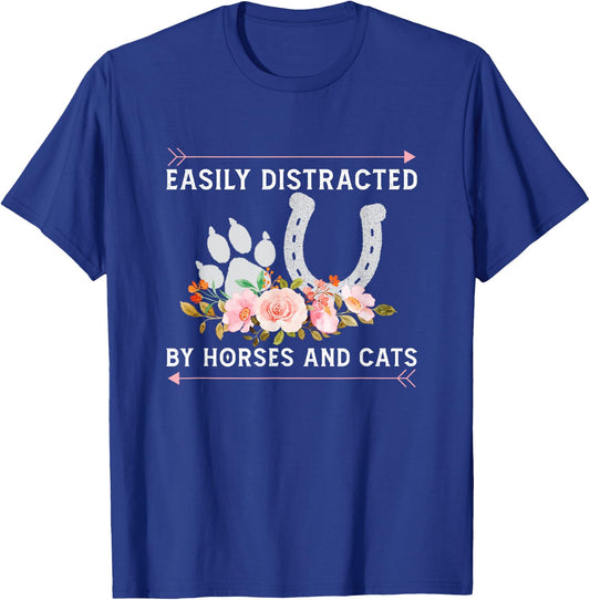 Easily Distracted By Horses And Cats Horse Lovers T-Shirt - T-Shirt | Royal