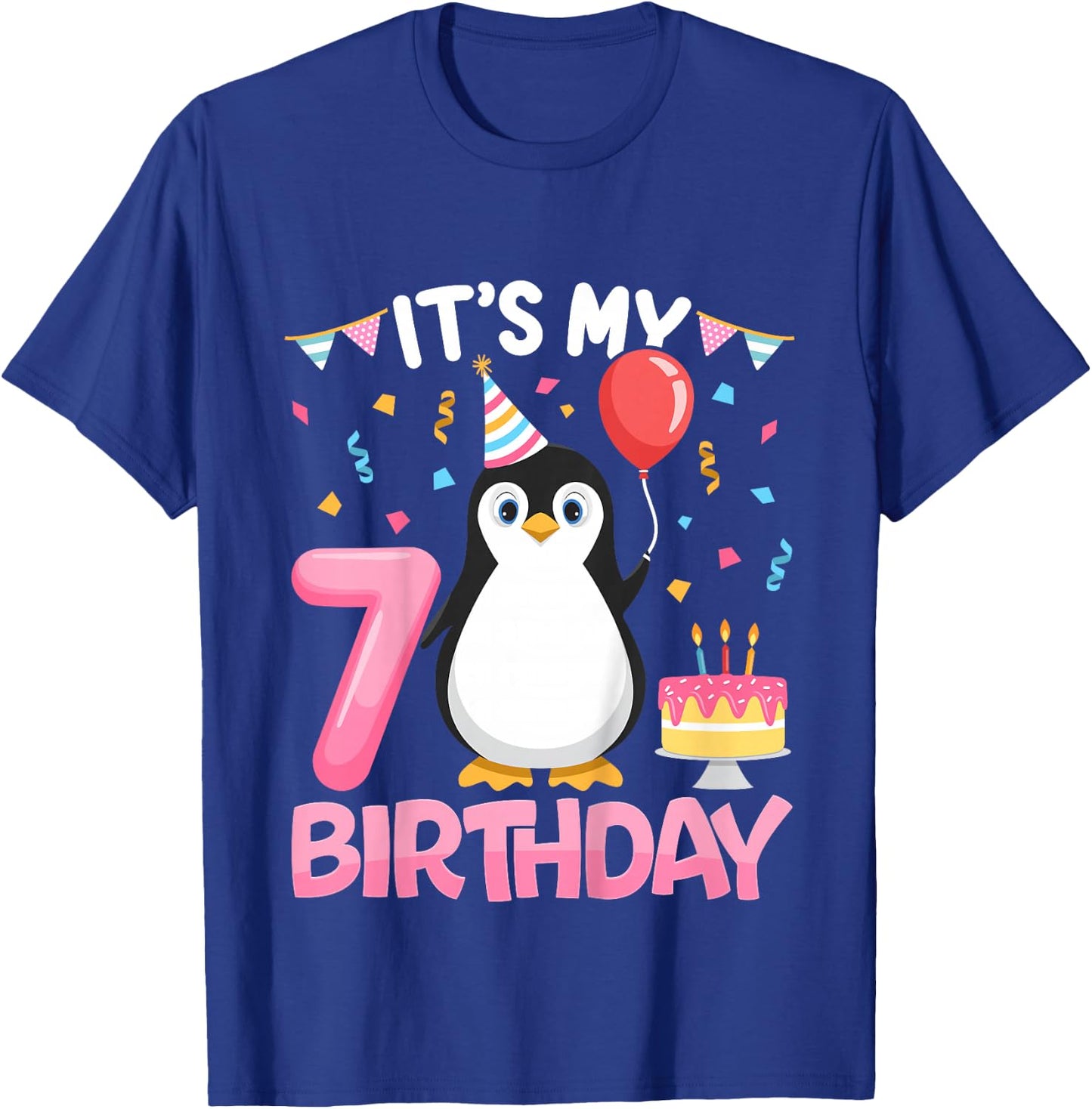 Penguin Birthday 7 Year Old Girl 7th Birthday Party Seven T-Shirt - T-Shirt | Royal