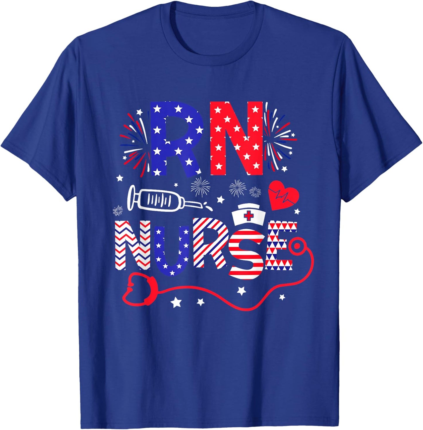 RN Nurse 4th Of July Patriotic American Flag Stethoscope T-Shirt - T-Shirt | Royal