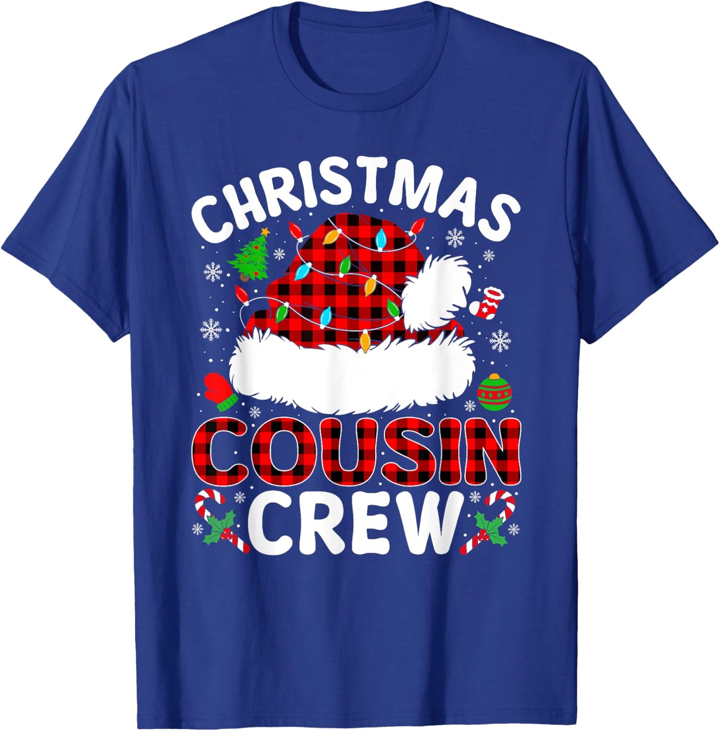 Christmas Cousin Crew Buffalo Plaid Santa Hat Xmas Pajamas T-Shirt - T-Shirt | Royal
