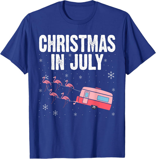 Christmas In July Flamingo Trailer Summer Xmas Camp Camper T-Shirt - T-Shirt | Royal