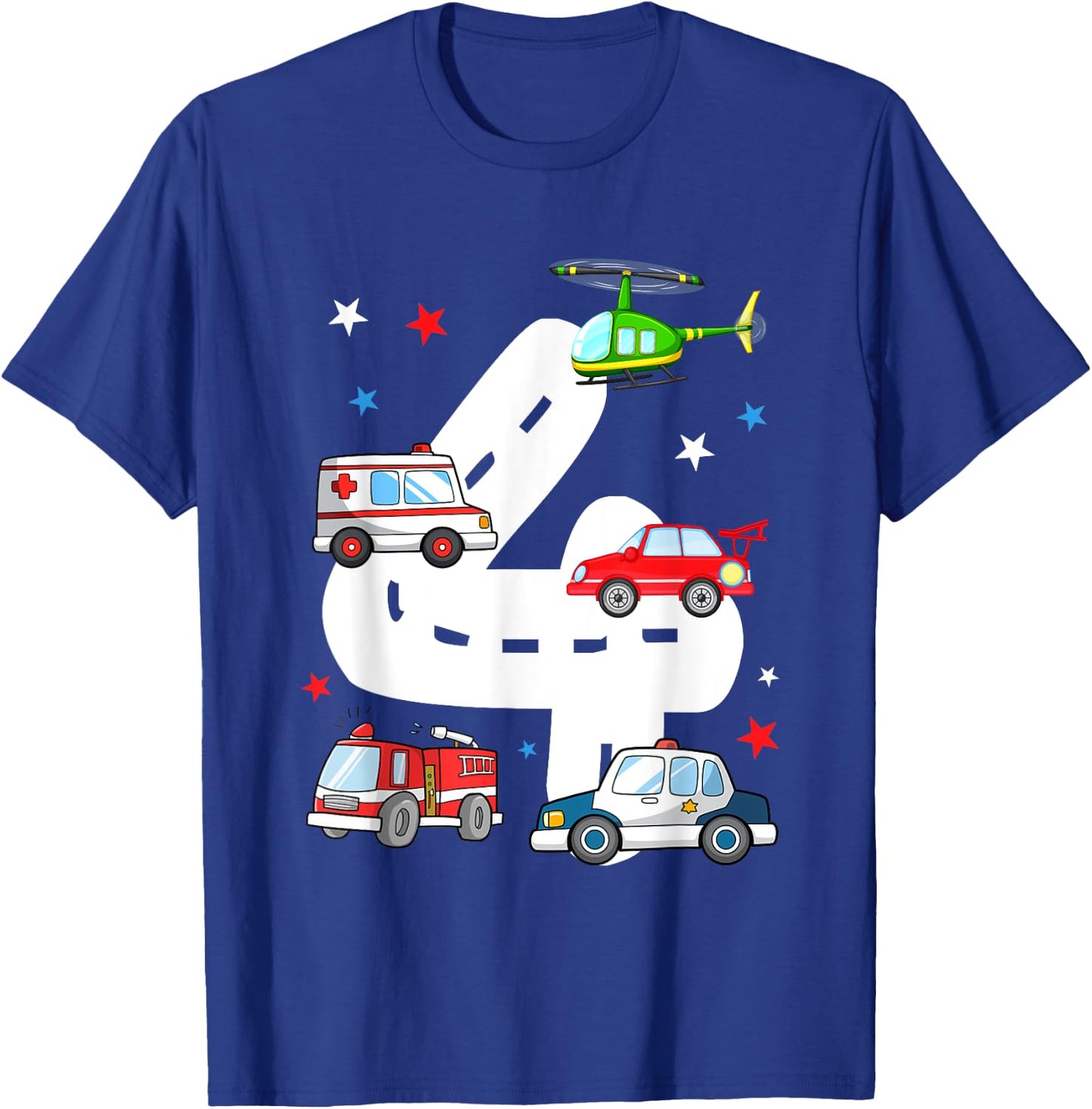 4th Birthday Emergency Vehicles 4 Year Old Birthday Kids T-Shirt - T-Shirt | Royal