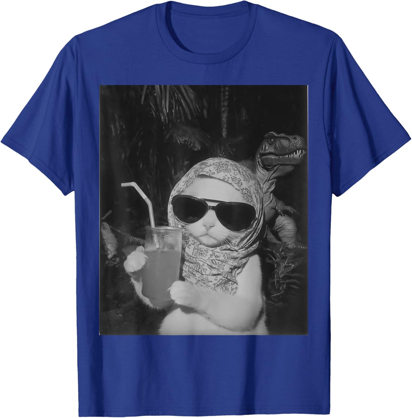 Chill And Cool Cat Drinking Fruit Selfie With Dinosaur T-Rex Women Kids T-Shirt - T-Shirt | Royal