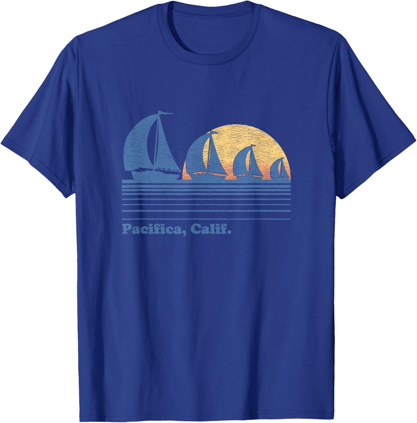 Pacifica CA Sailboat Vintage 80s Sunset T-Shirt - T-Shirt | Royal