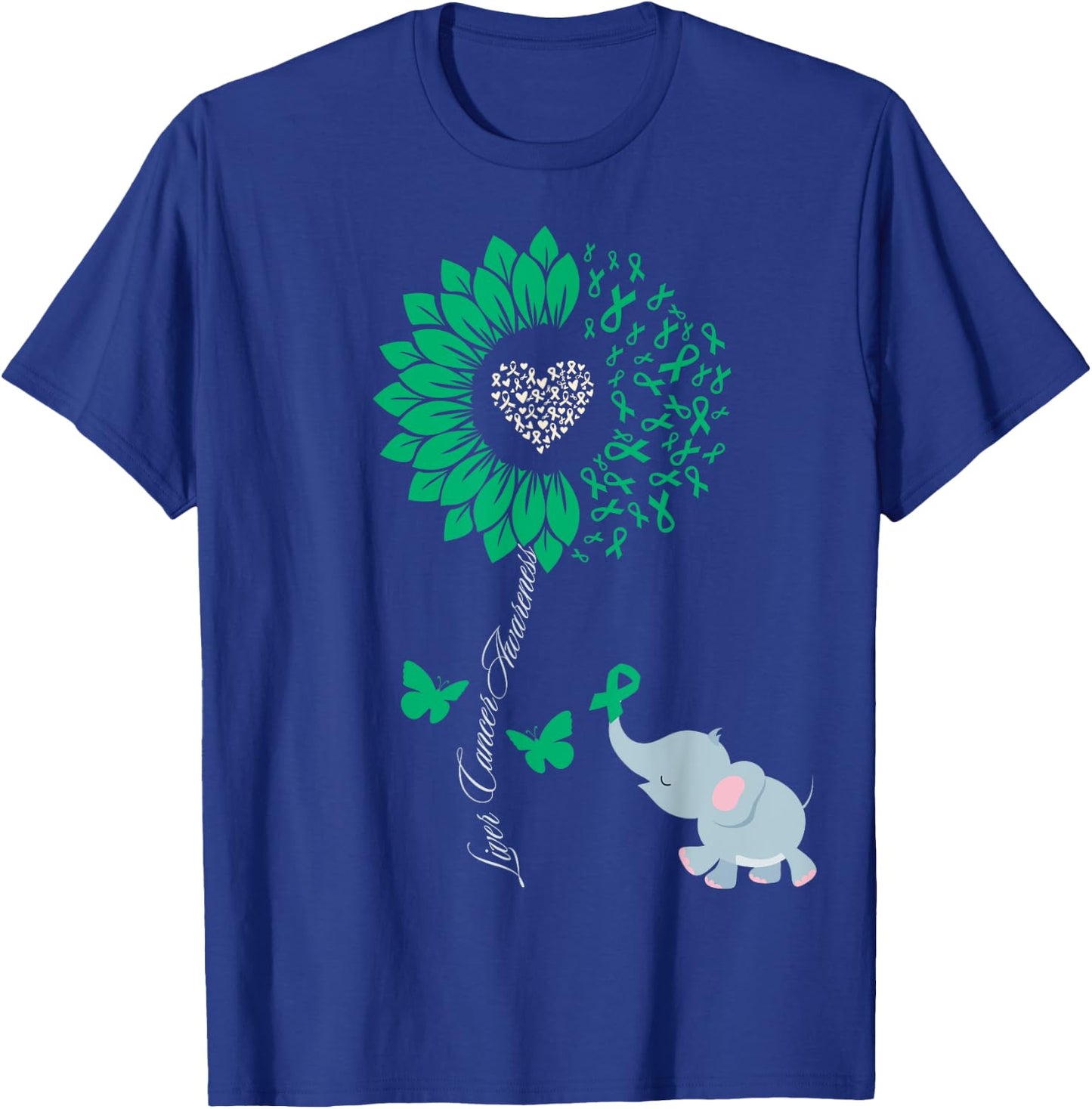 Liver Cancer Awareness Sunflower Elephant Butterfly Green T-Shirt - T-Shirt | Royal