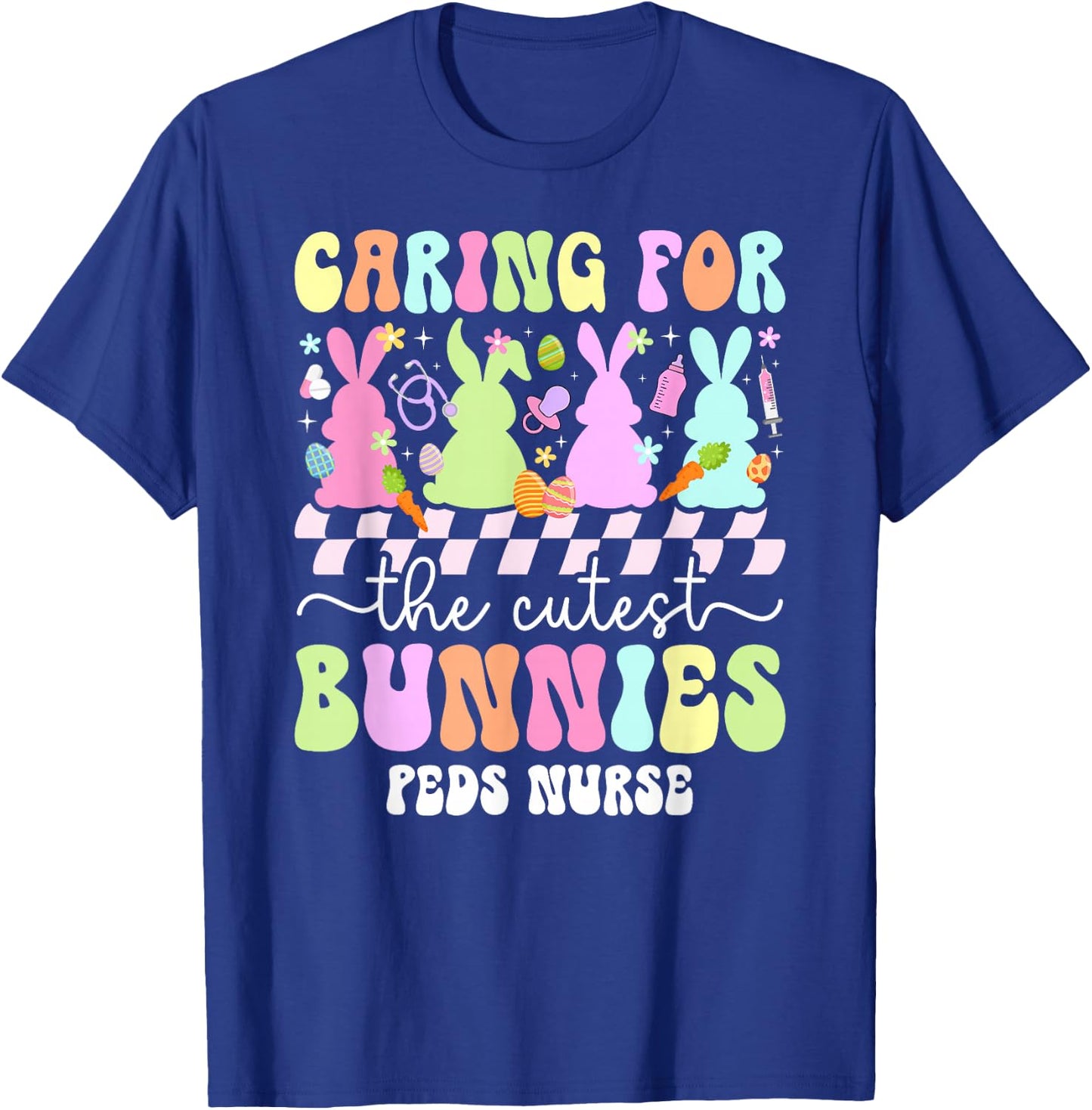 Groovy Peds Nurse Easter Bunny Pediatric Nurse Easter Day T-Shirt - T-Shirt | Royal