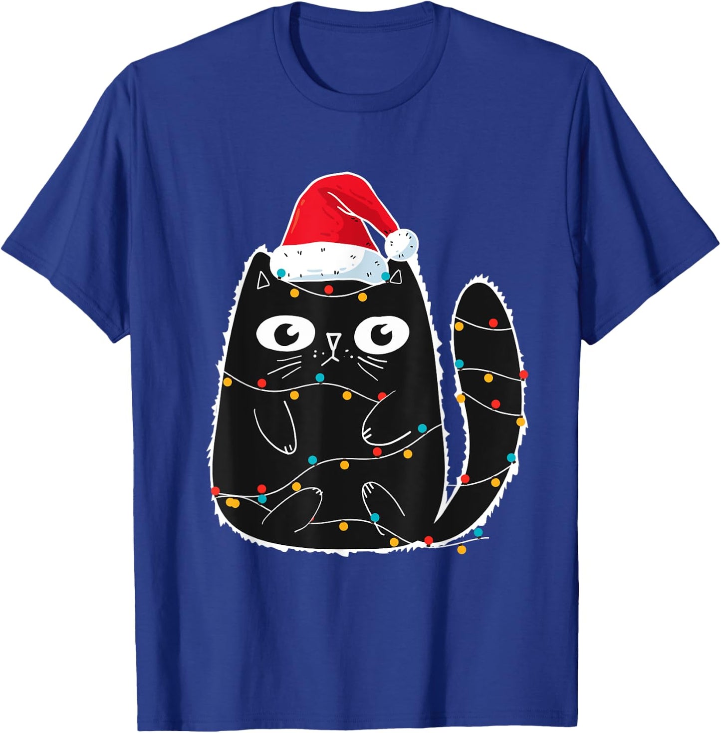 Cute Black Cat Santa Christmas Lights Meow Kitty Kitten Xmas Women Kids T-Shirt - T-Shirt | Royal