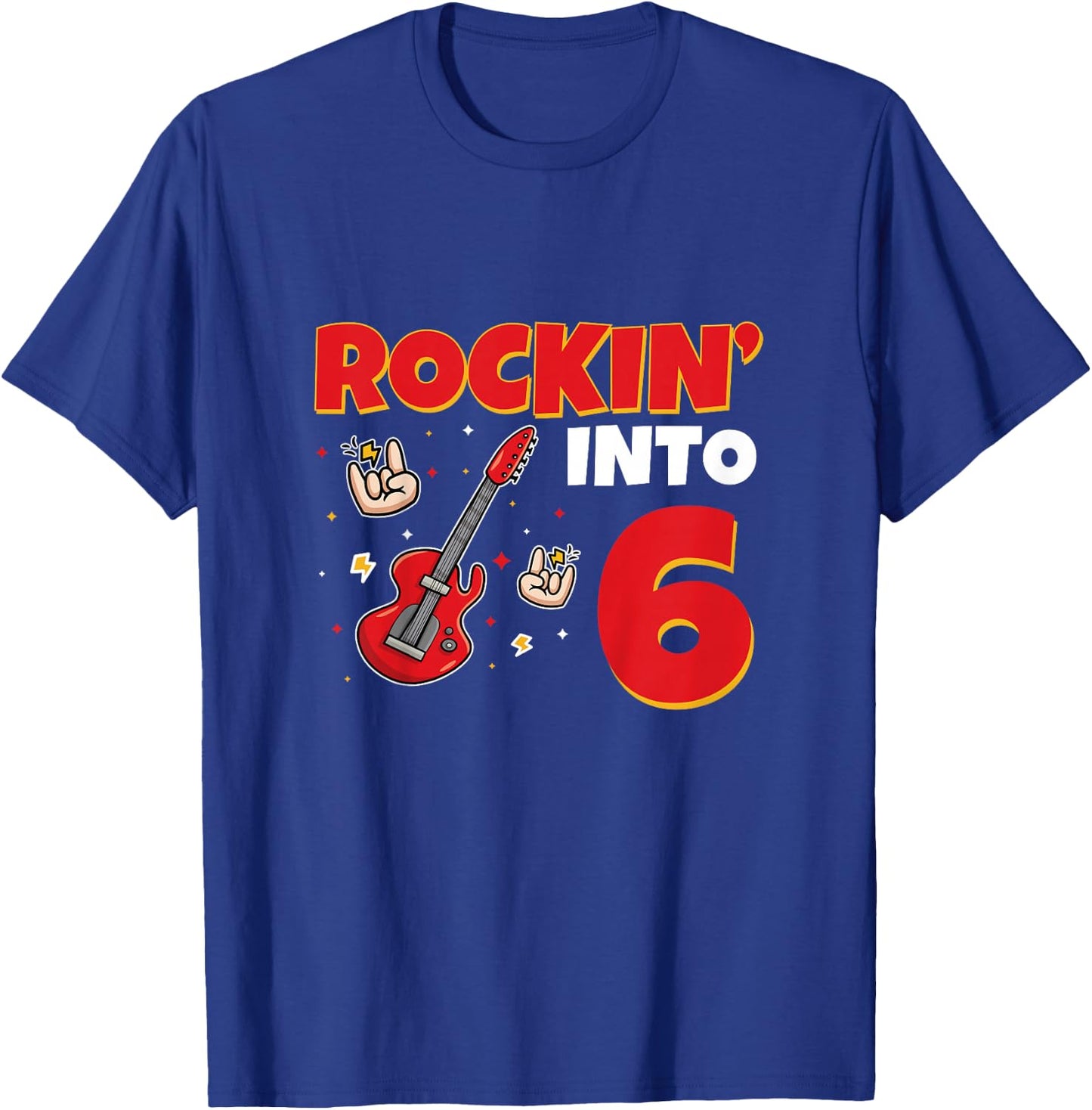 Rockin Into 6 Rockstar Guitar 6 Year Old 6th Birthday T-Shirt - T-Shirt | Royal