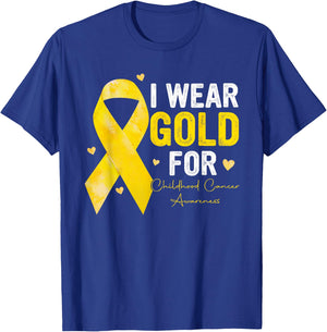 I Wear Gold for Childhood Cancer Awareness Gold Ribbon T-Shirt - T-Shirt | Royal