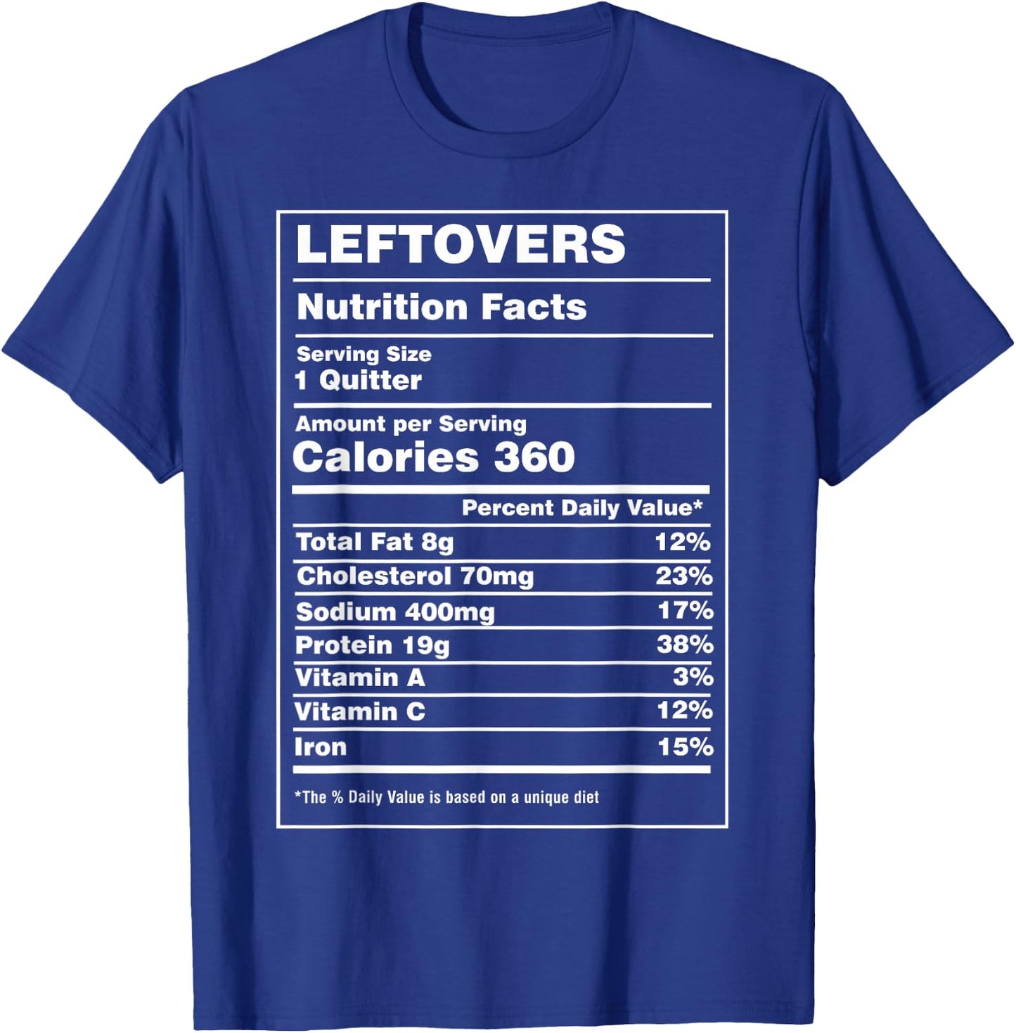 Nutrition Facts Leftovers Funny Thanksgiving Family Dinner T-Shirt - T-Shirt | Royal