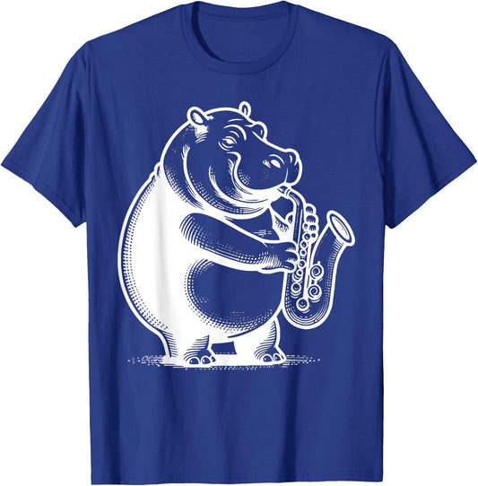 Funny Vintage Hippo Playing Saxophone Musician Animal Lovers T-Shirt - T-Shirt | Royal
