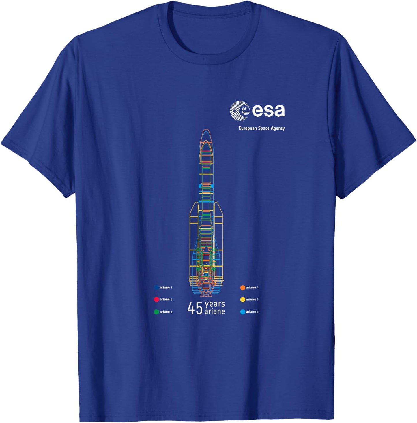 ESA European Space Agency 45 years Ariane 1-6 Rocket 1979-2024 T-Shirt - T-Shirt | Royal