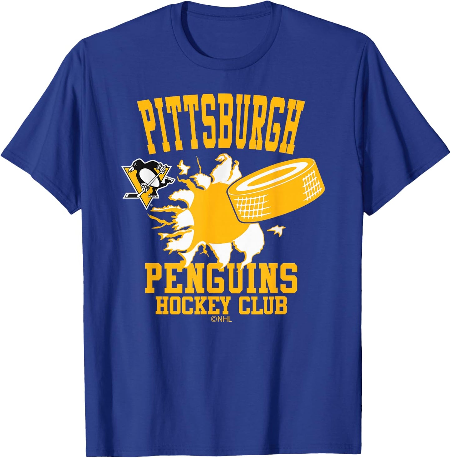 Pittsburgh Penguins Hockey Puck Burst Dark Heather T-Shirt - T-Shirt | Royal
