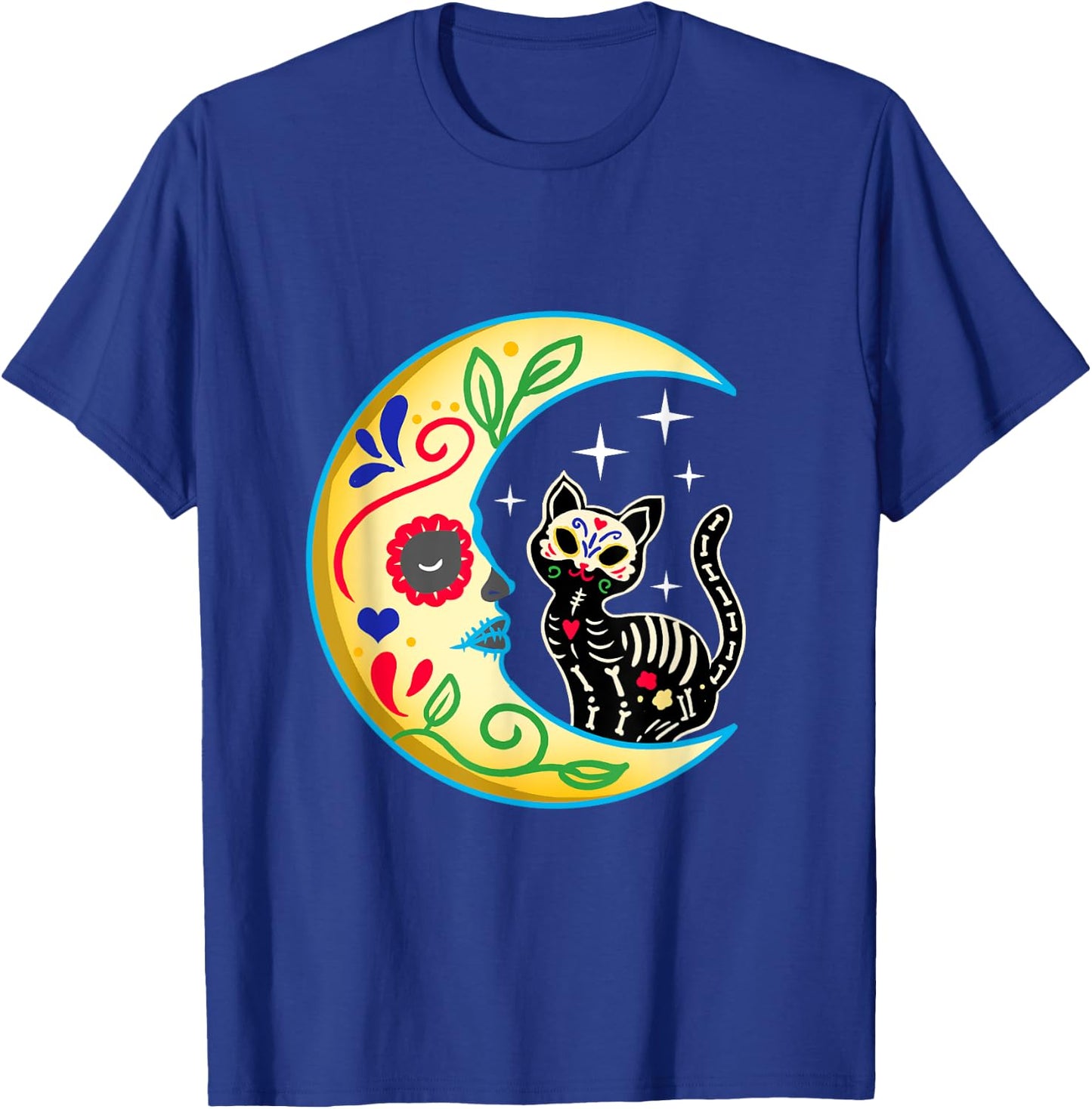 Cat & Moon Sugar Skull Dia de Los Muertos Day of The Dead Men Women Girls Kids T-Shirt - T-Shirt | Royal