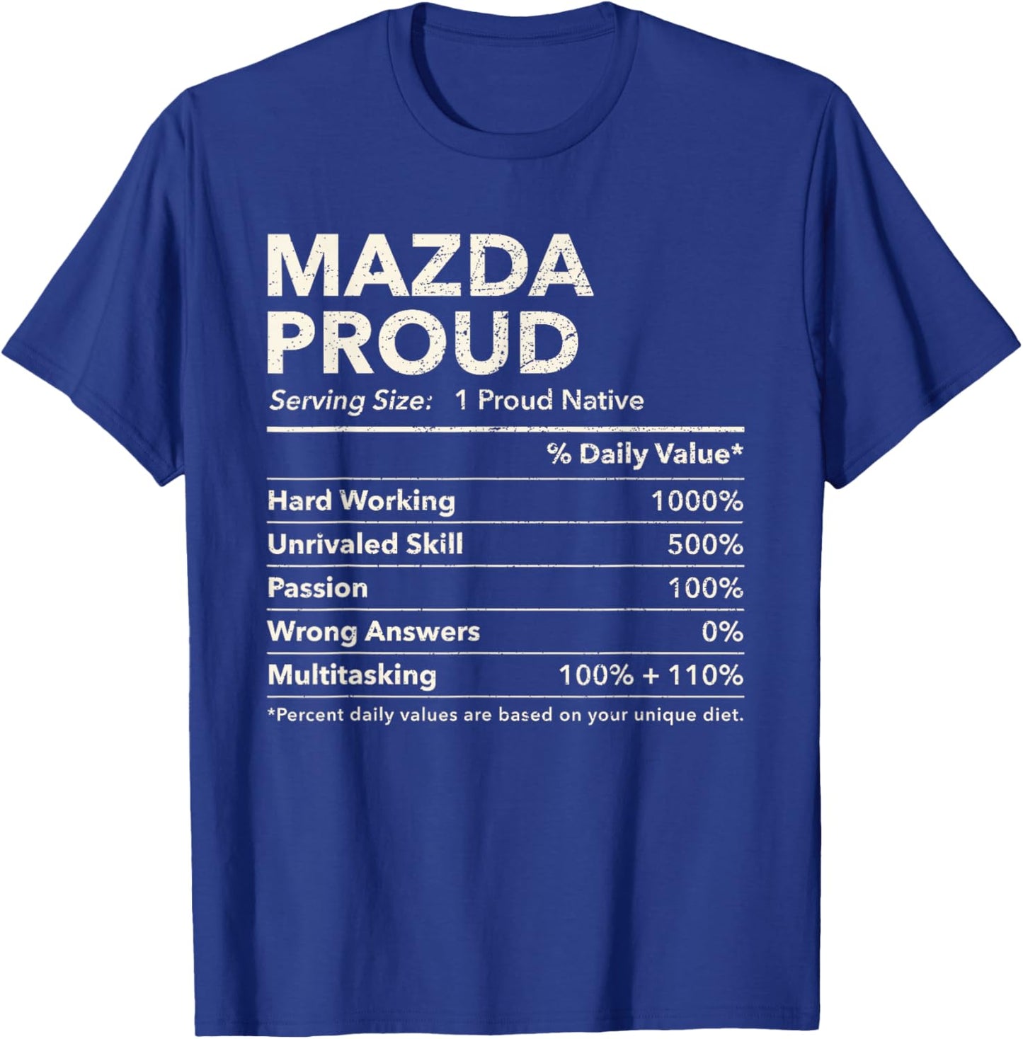 Mazda, North Dakota Proud Nutrition Facts T-Shirt - T-Shirt | Royal