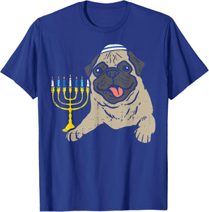 Jewish Pug Dog Menorah Hanukkah Pajamas Chanukah PJs T-Shirt - T-Shirt | Royal