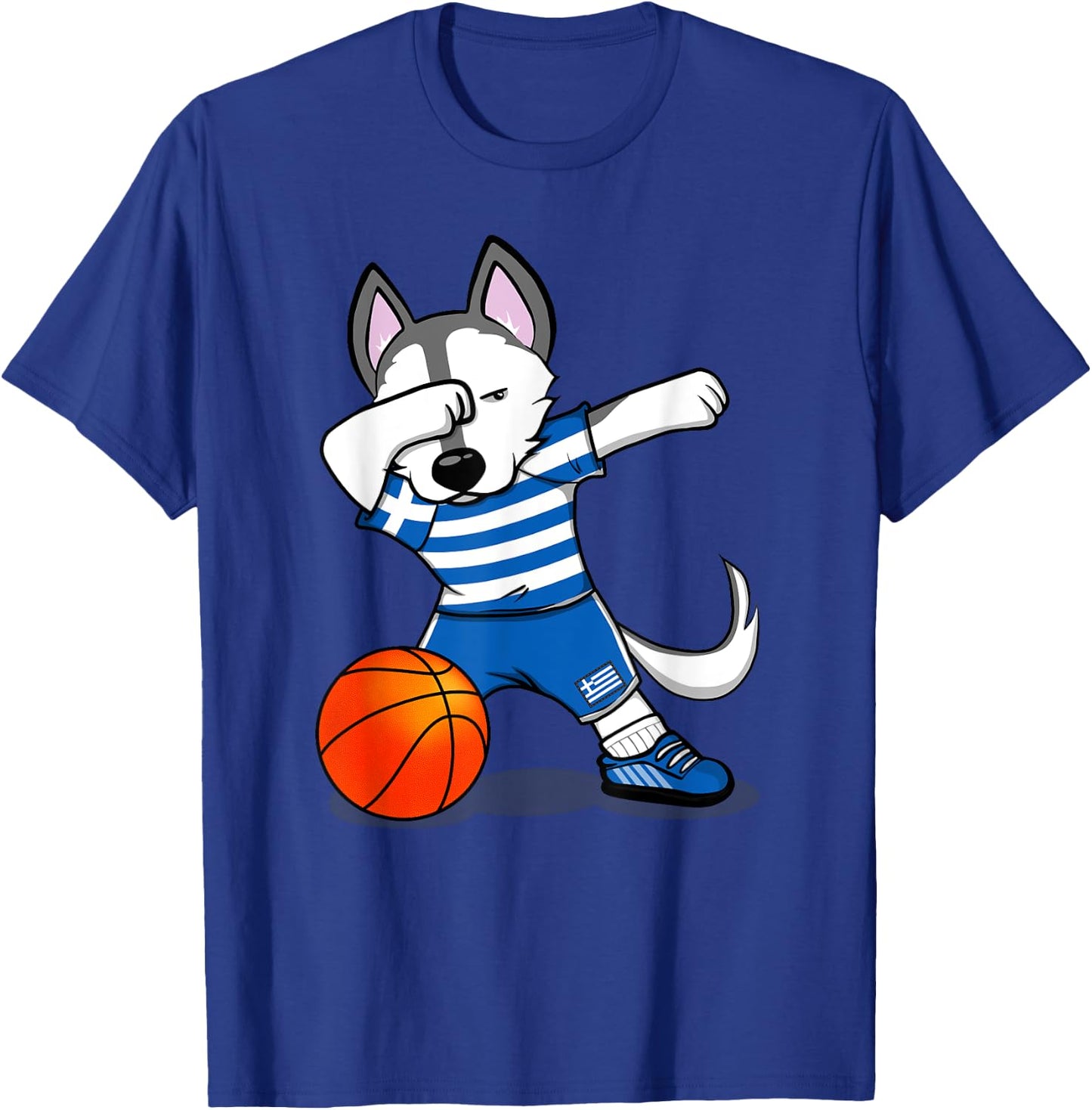 Dabbing Husky Dog Greece Basketball Fans Jersey - Greek Flag Men Women Girls Kids T-Shirt - T-Shirt | Royal
