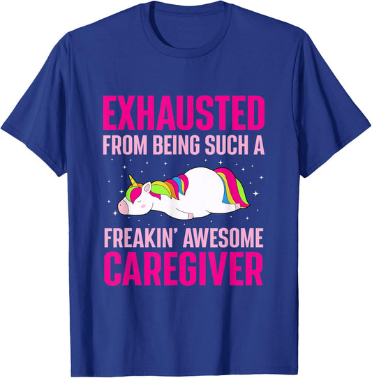 Exhausted From Being Awesome Caregiver Funny Unicorn T-Shirt - T-Shirt | Royal