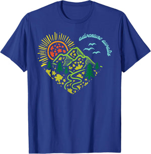 Adventure Awaits Mountains Sun Camping Hiking Women Kids Men T-Shirt - T-Shirt | Royal