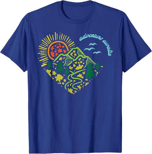 Adventure Awaits Mountains Sun Camping Hiking Women Kids Men T-Shirt - T-Shirt | Royal