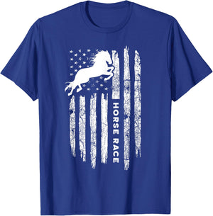 American Flag Horse Race Apparel - Vintage Horse Racing T-Shirt - T-Shirt | Royal