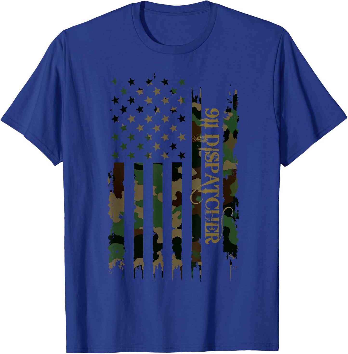 911 Dispatcher United States Distressed Camo w US Flag T-Shirt - T-Shirt | Royal