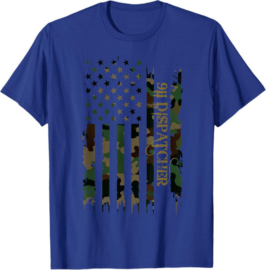 911 Dispatcher United States Distressed Camo w US Flag T-Shirt - T-Shirt | Royal