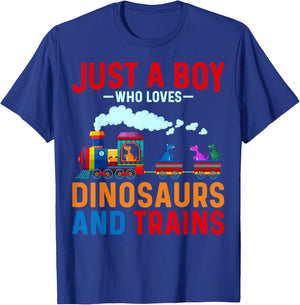 Just a Boy Who Loves Dinosaurs and Trains Train Enthusiast T-Shirt - T-Shirt | Royal